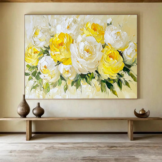 “Yellow - White Peony Bouquet” - Yellow, White, Green, Thick - textured Peony Bouquet - Impasto Oil Painting HB1778