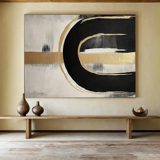 Black, Gold and White Abstract Curves "Elegant Flow" Painting On Canvas HB0412