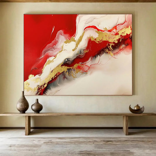 “Red White Gold Flow” - Red, White, Gold - Fluid Abstract Swirls - Resin Painting HB1299