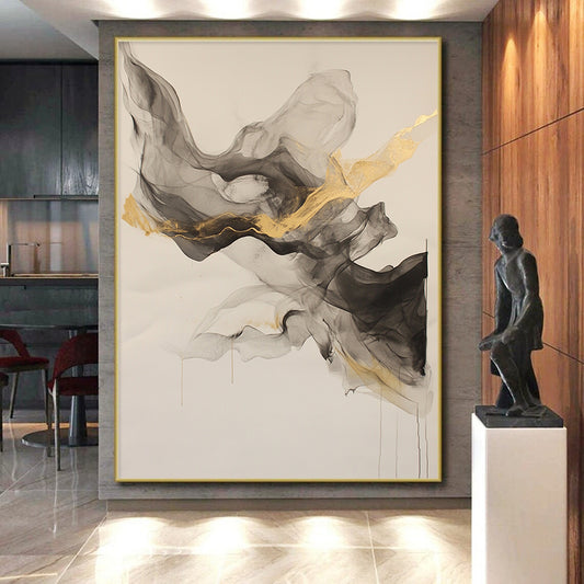 Beige, Gray, Gold, Flowing Shapes "Graceful Drift" Abstract Painting On Canvas HB026