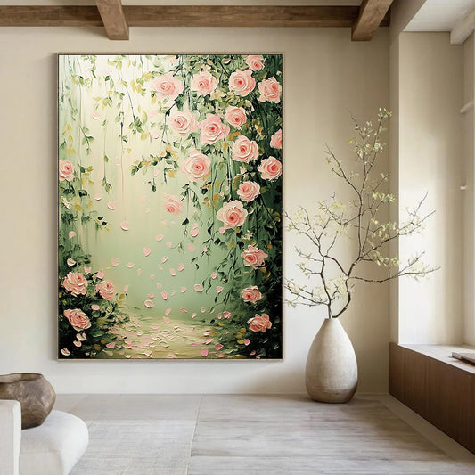 Contemporary hand-painted abstract art featuring pink roses and green leaves with softly falling petals in a dreamy pastel background, perfect for wedding decor. DLZ1508