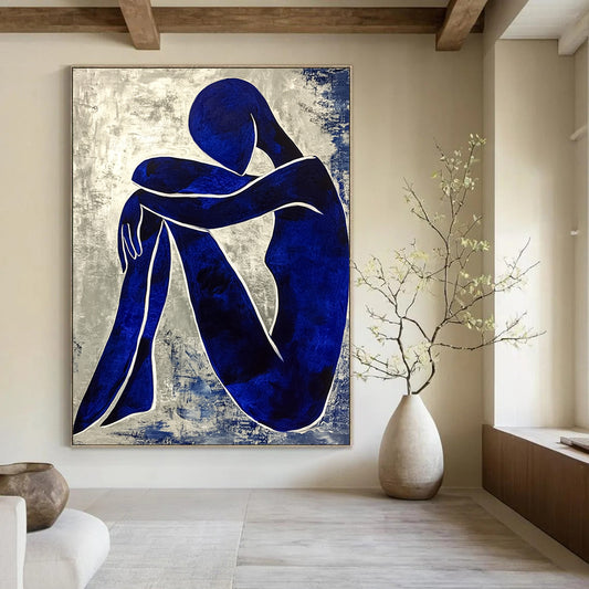 Contemporary abstract painting featuring a textured blue figure with crossed legs and hands on knees enhanced by white contour lines in the style of Matisse. DLZ0361