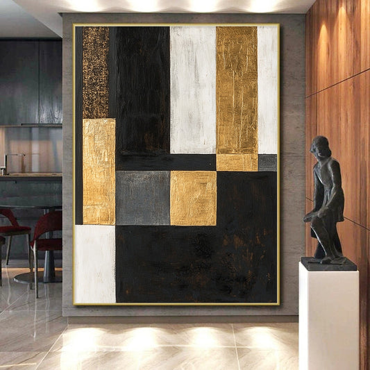 Black, White, Gold, Gray, Patchwork Squares "Urban Gilded Patchwork" Abstract Modernist Painting On Canvas HB156