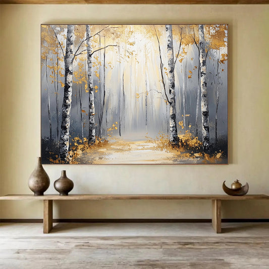 “Sunlit Golden Birch Forest Path” - Gold, Gray, Birch Trees, Forest Path - Abstract Landscape Painting HB1684