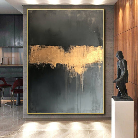 Black, Gold, Gray, Dripping Gold "Gilded Drip" Abstract Expressionist Painting On Canvas HB116