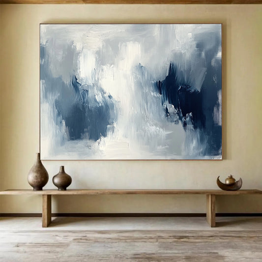 “Blue - Gray Mist” - Blue, Gray, White, Abstract Misty Textures Painting On Canvas HB1056