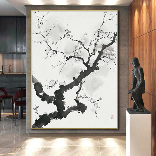 Black and White Ink - style Plum Blossom "Serene Bloom" Painting On Canvas HB322