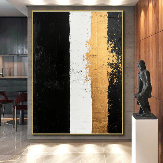 Black, White, Gold, Vertical Stripes "Timeless Contrast" Abstract Painting On Canvas HB038