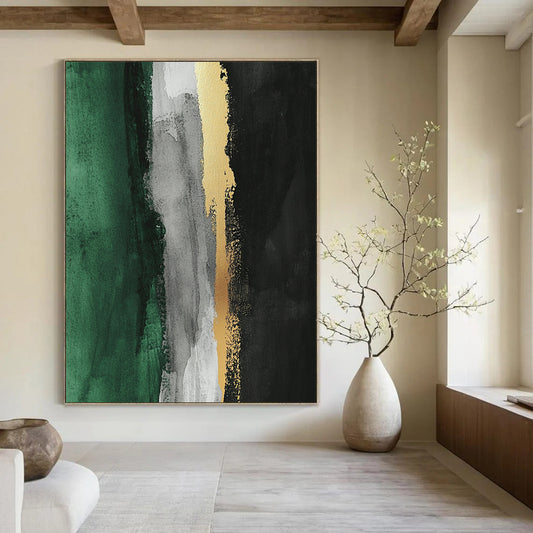 Contemporary abstract artwork featuring thick brush strokes gold leafing and a color palette of gray white black and green with a striking vertical yellow line. DLZ1630