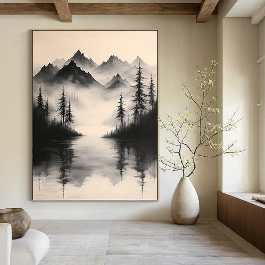 Contemporary hand-painted abstract art featuring misty mountains and tranquil pine trees along a riverbank in elegant black and white ink wash style. DLZ1586