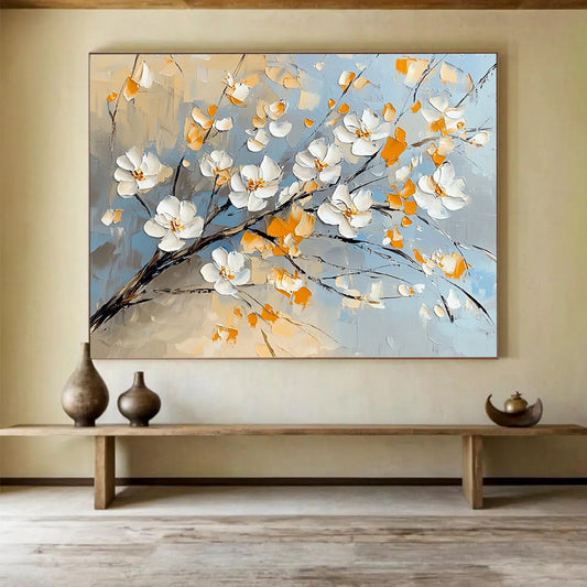 “Blossom Breeze” - White, Yellow, Blue, Floral Branches Painting On Canvas HB1036