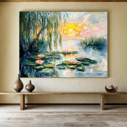 “Sunset Water Lilies” - Pink, Yellow, Green, Water Lilies, Sunset - Impressionist Oil Painting HB1680
