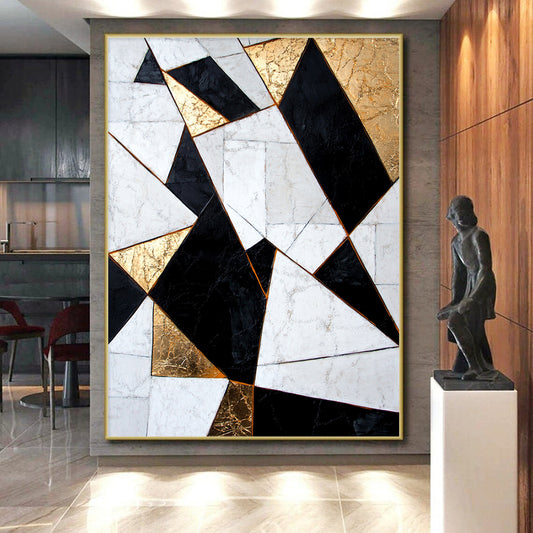 White, Black, Gold, Geometric Triangles "Gilded Geometry" Abstract Modernist Painting On Canvas HB076