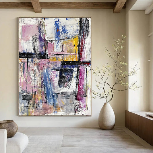 Contemporary hand-painted abstract artwork featuring an expressive urban landscape with bold brushstrokes and a pastel palette creating rich textures. DLZ0967