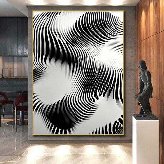 Black and White Wavy Lines "Optical Flow" Painting On Canvas HB263
