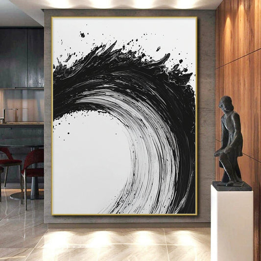 Black and White Dynamic Wave "Energetic Surge" Painting On Canvas HB282