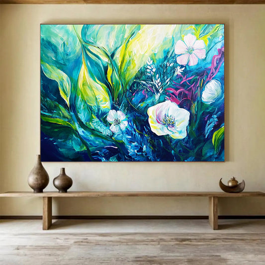 “Teal - Green Floral Abstraction” - Teal, Green, Abstract Floral, Lush Brushstrokes HB1124