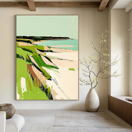 Contemporary abstract painting featuring New England coast with vibrant green grasses and serene white sandy beaches. Perfect for any modern space. DLZ0652