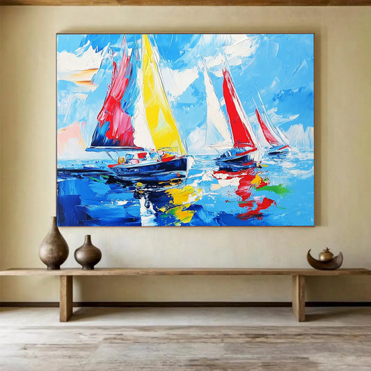 “Colorful Sailboat Race” - Bright Yellows, Reds, Blues, Sailboats on the Sea - Impasto Oil Painting HB1732