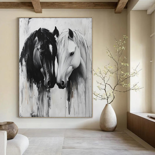Contemporary abstract art captures two horses in a tender gaze, their connection conveyed through soft brushstrokes and intricate textures, emphasizing emotional bonds. DLZ1146
