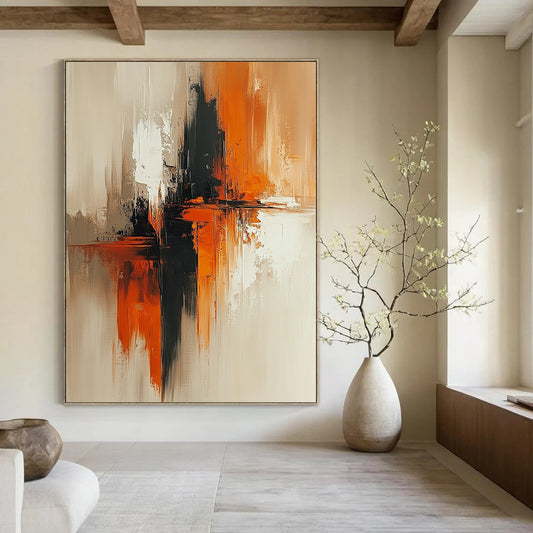 Contemporary abstract artwork features beige and rust tones, vertical composition, large brush strokes, soft edges, and blurred details on textured canvas. DLZ0727