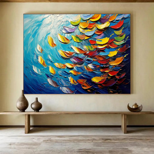 “Colorful Fish in 3D Waves” - Blue, Colorful Fish Shapes, Textured 3D - like Marine Painting On Canvas HB1096