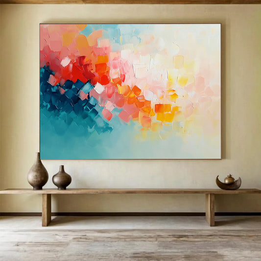 “Vibrant Square Impasto” - Pink, Orange, Blue, White - Textured Square Abstract - Oil Painting HB1318