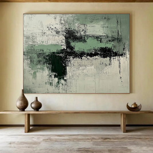 “Green and Gray Abstract Textures” - Green, gray, white, black; Textured abstract with green and gray; Acrylic Painting On Canvas HB1250