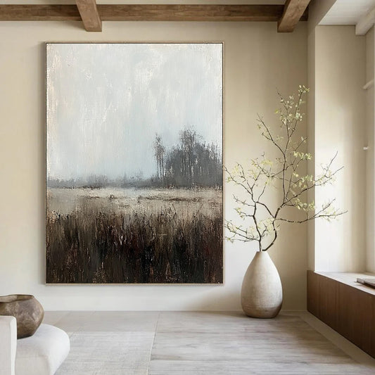 Large contemporary abstract painting featuring muted tones of gray sky and distant trees creating a misty grassland scene with soft lighting and brushstrokes. DLZ0409