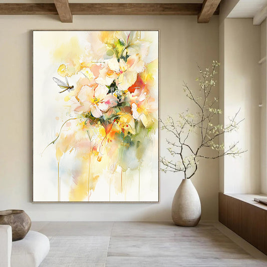 Contemporary abstract art featuring vibrant watercolor flowers and leaves with delicate gold accents a serene dragonfly and light yellow tones on a white background. DLZ1082