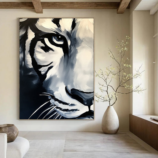 Contemporary abstract painting featuring a white tiger's face in dark tones against a grey background with vibrant brush strokes on canvas. DLZ1567