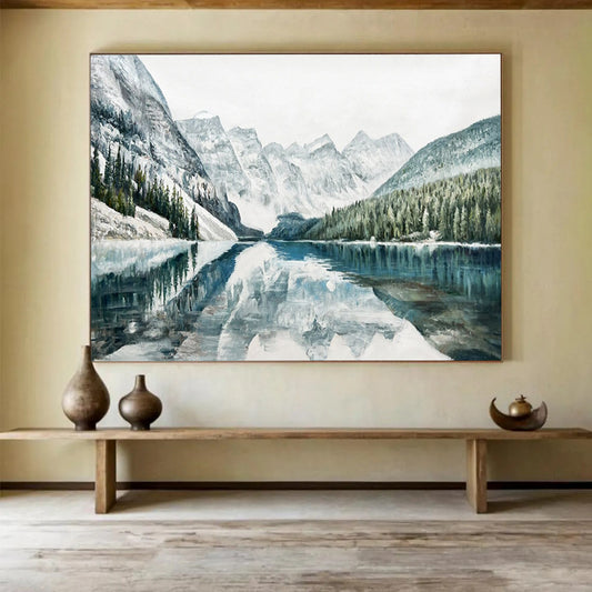 Snowy Mountain Lake Reflection - Serene Living Room Art DLZ221