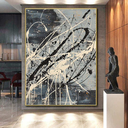 Gray, Black, White, Gold, Elaborate Drizzles "Cosmic Tangle" Abstract Pollock - Inspired Painting On Canvas HB055
