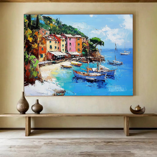 “Coastal Village Charm” - Vibrant Colors, Mediterranean Village by the Sea - Impasto Oil Painting HB1746