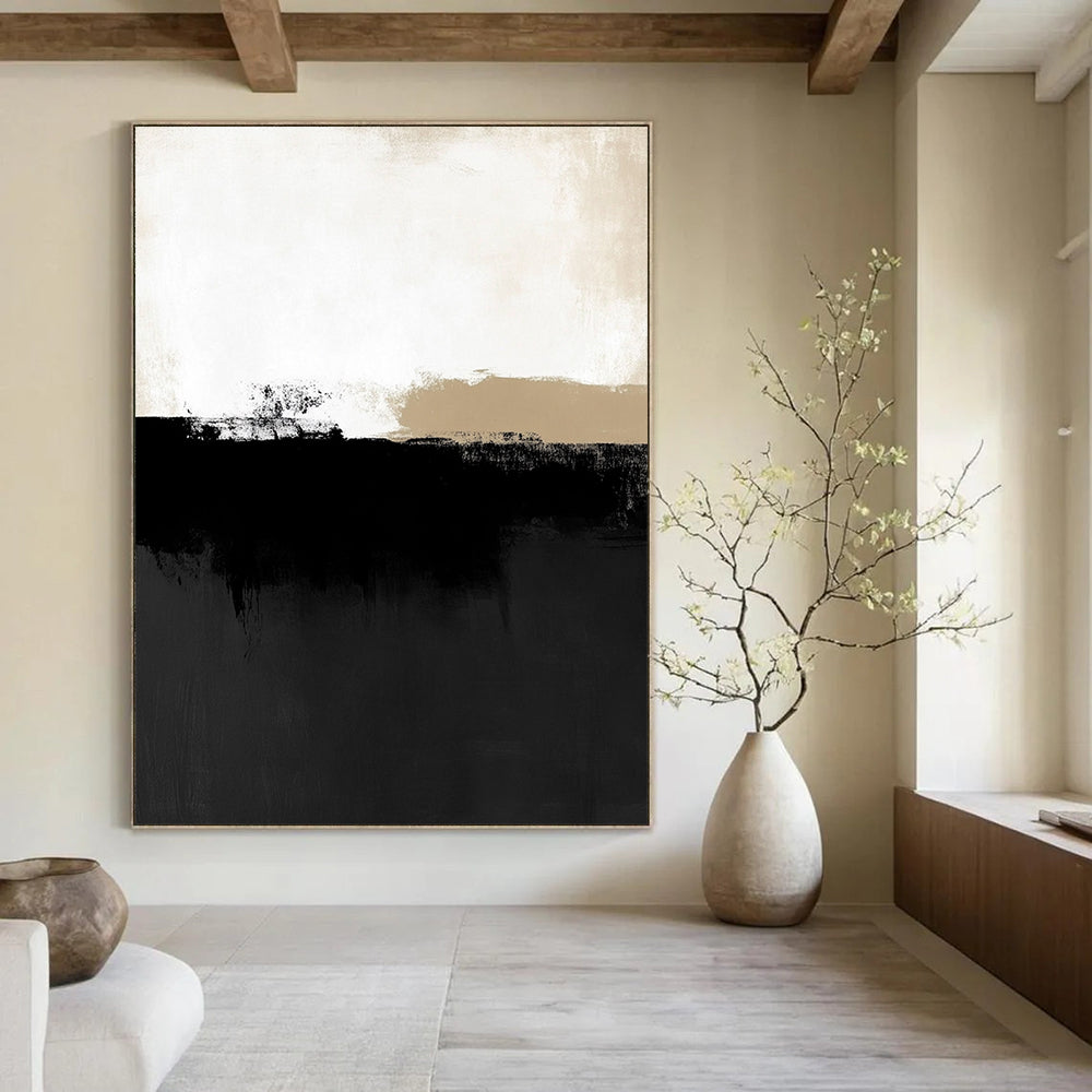 Contemporary abstract art features a minimalist black and white landscape with subtle shapes, showcasing neutral tones and low contrast. DLZ1612