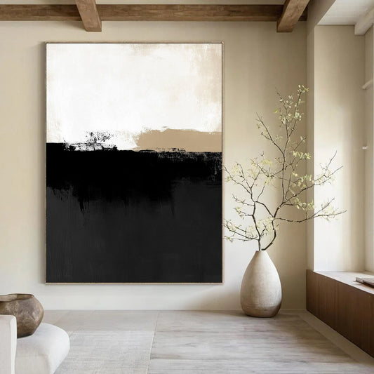Contemporary abstract art features a minimalist black and white landscape with subtle shapes, showcasing neutral tones and low contrast. DLZ1612
