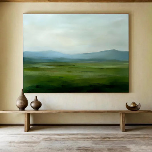 “Soft Green Landscape” - Green, Blue, Gray, Hazy Fields and Mountains - Minimalist Oil Painting HB1701