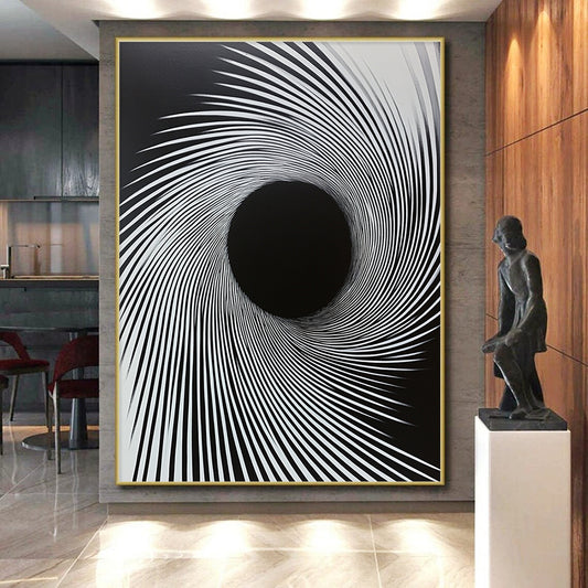 Black & White Radial Lines - “Hypnotic Tunnel Vision” Painting On Canvas HB183
