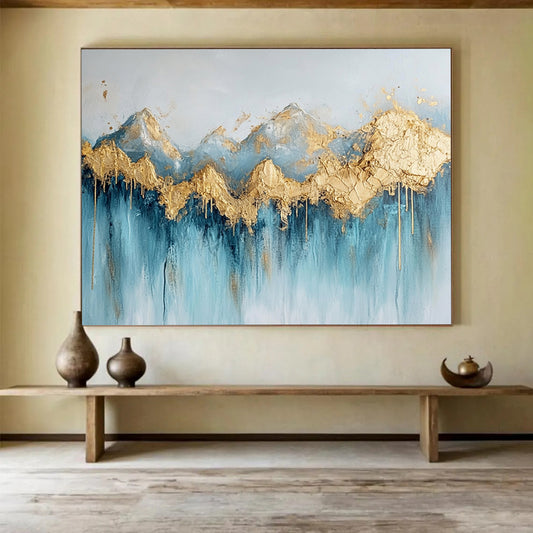 “Gilded Peaks Cascade” - Blue, Gold, White, Textured Mountain & Waterfall Scenes Painting On Canvas HB1020