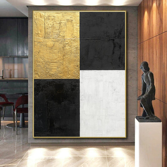 Black, Gold, White with Bold Squares "Minimalist Impact" Abstract Painting On Canvas HB009