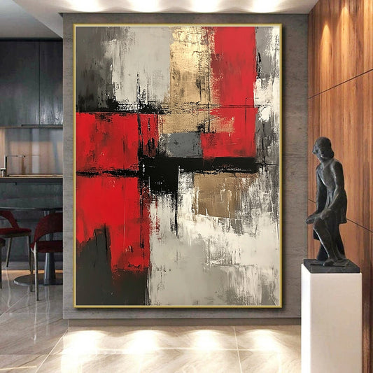 Red, Gray, Gold, Dynamic Blocks "Gilded Chaos" Abstract Expressionist Painting On Canvas HB143