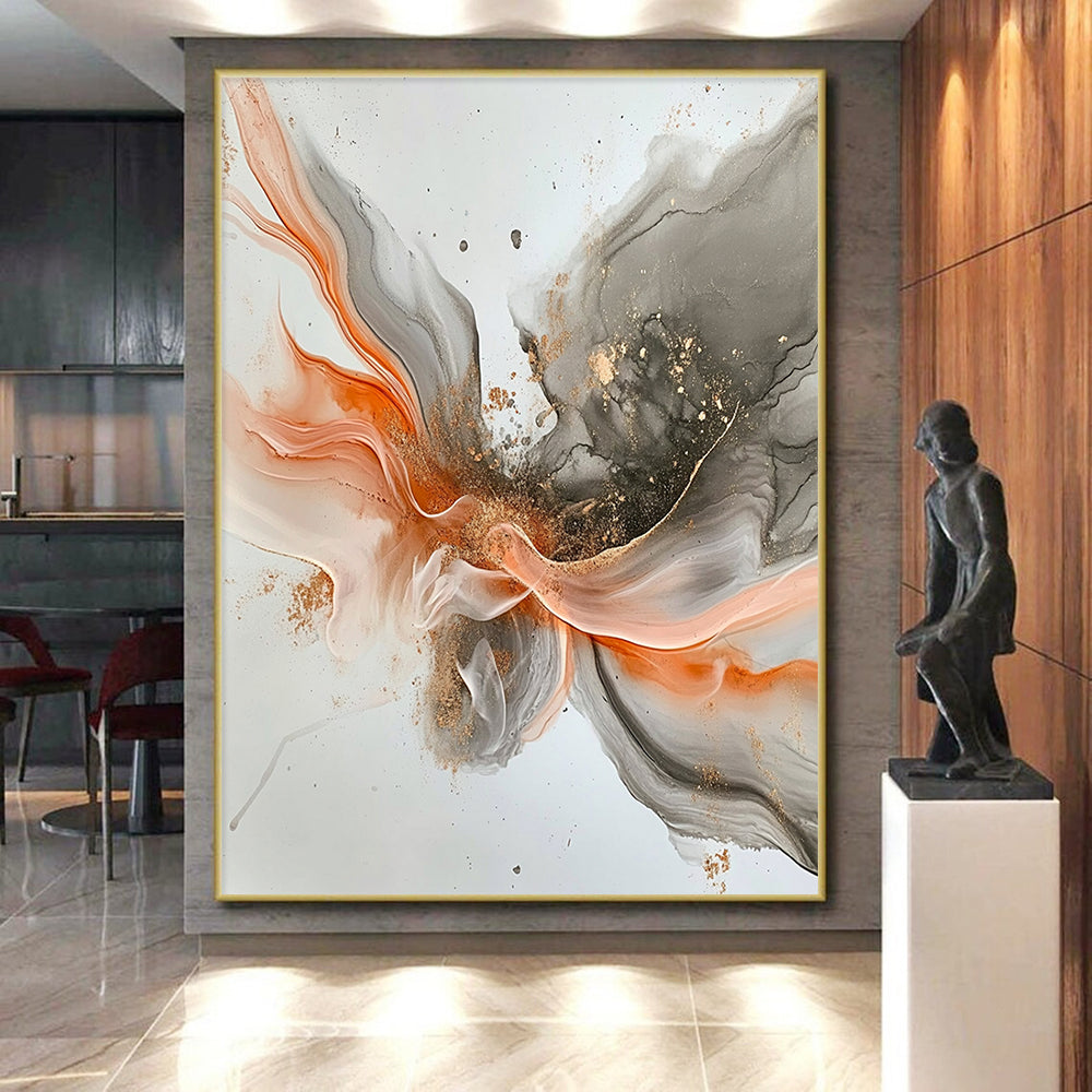 Gray, Orange, Gold, Flowing Shapes "Fiery Grace" Abstract Painting On Canvas HB034