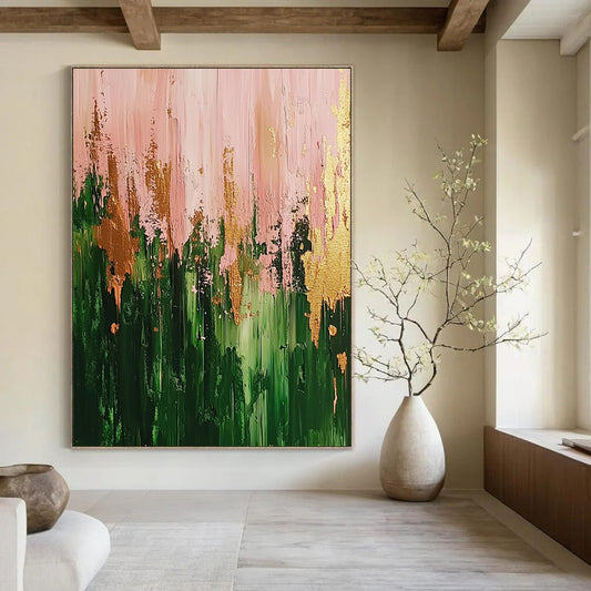 Contemporary abstract artwork featuring a vibrant forest in green and pink hues highlighted with gold accents and dynamic brush strokes. DLZ0904