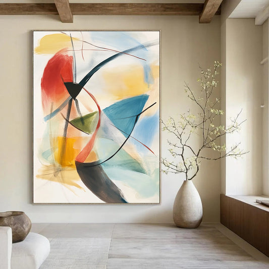 Contemporary hand-painted abstract artwork features soft pastels and geometric shapes with dynamic brushwork and layered depth for a striking visual experience. DLZ1393