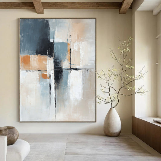 Large contemporary hand-painted abstract artwork in blue beige and grey with black lines soft white shapes and an orange accent in a minimalist style. DLZ1044