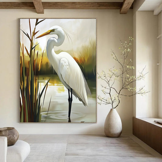 Contemporary large canvas artwork features ethereal egret portraits with soft edges vibrant colors and meticulous brushwork reflecting serene landscapes and wetlands. DLZ1572