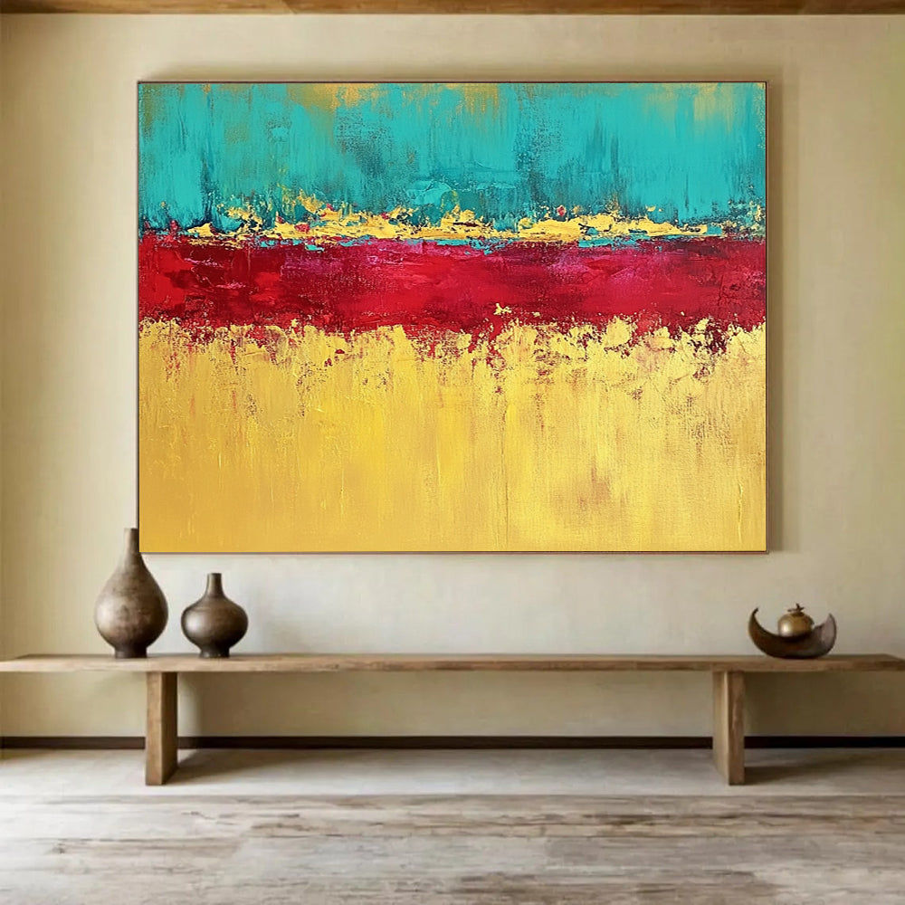 “Teal, Red, and Gold Abstract Horizon” - Teal, red, gold, yellow; Abstract color - block horizon; Acrylic Painting On Canvas HB1221