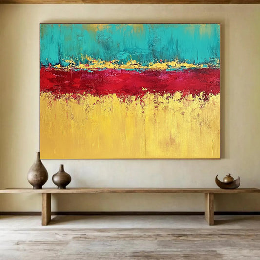“Teal, Red, and Gold Abstract Horizon” - Teal, red, gold, yellow; Abstract color - block horizon; Acrylic Painting On Canvas HB1221