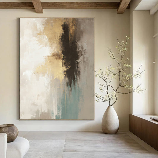 Contemporary hand-painted abstract art in neutral beige and gray tones with teal and gold accents soft brush strokes and atmospheric background. DLZ0760