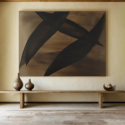 “Black Shapes on Brown” - Black, brown, Minimalist Abstract Painting HB0639